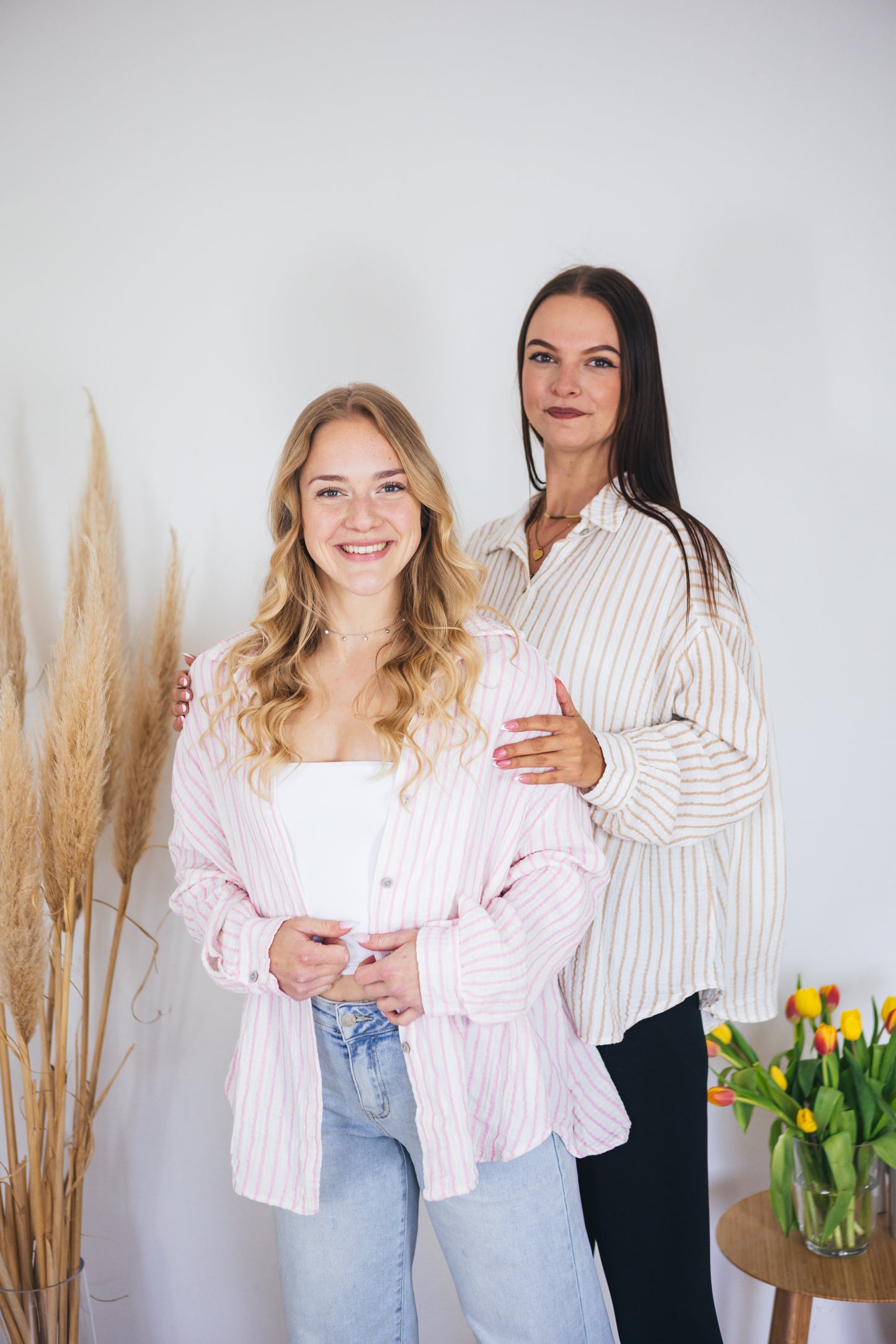 Musselinbluse oversized "Stripes" beige