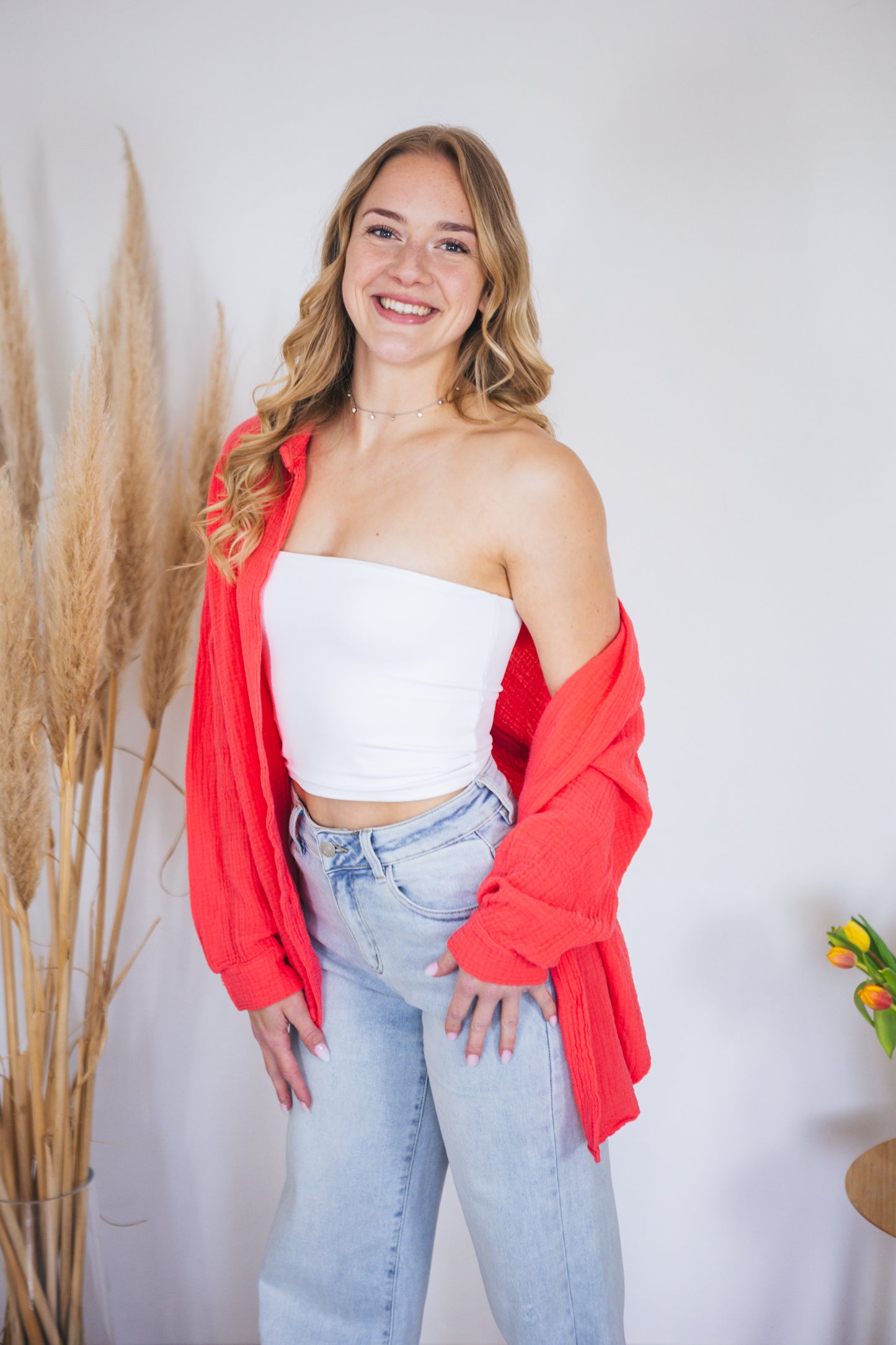 Musselinbluse oversized Neonkoralle