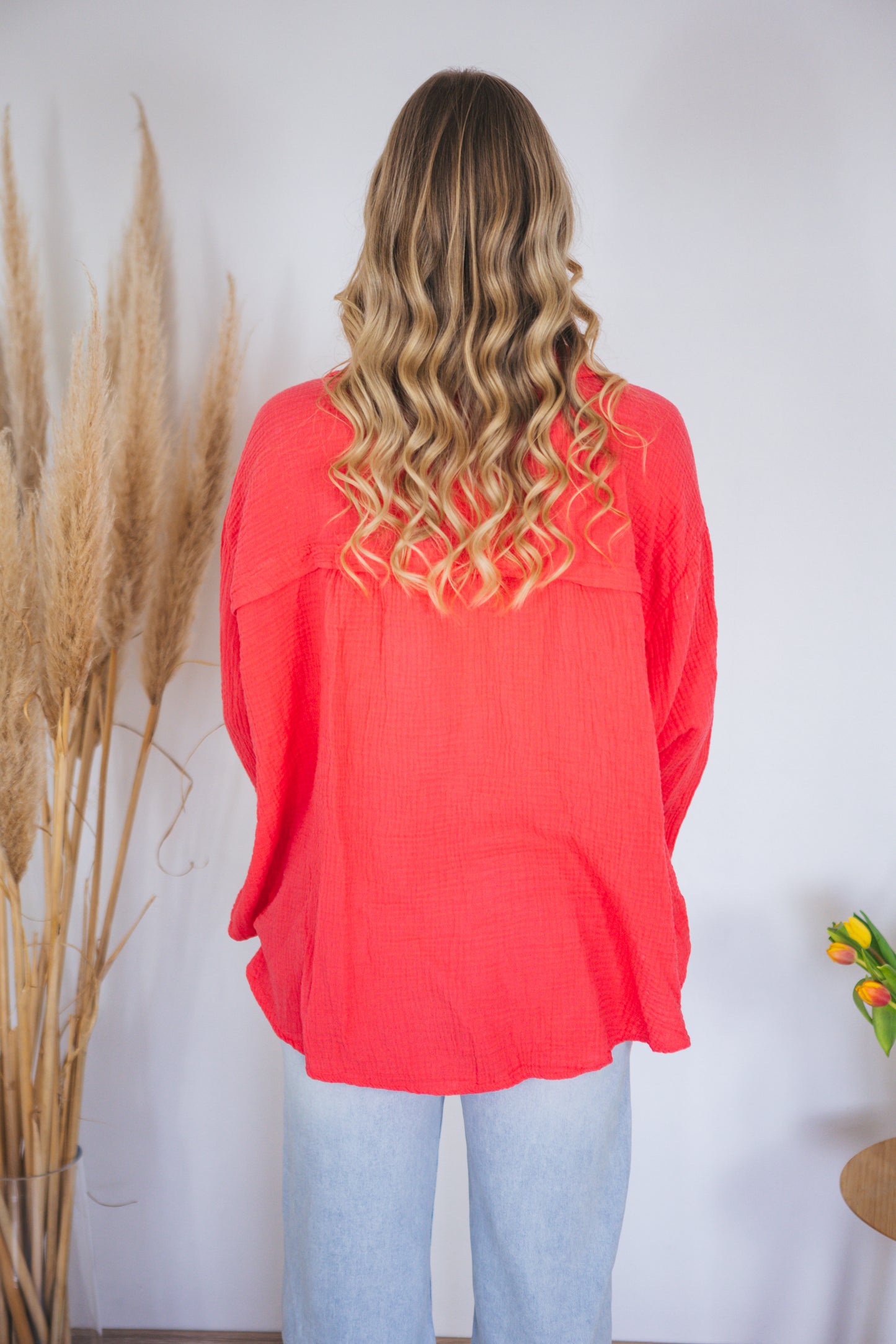 Musselinbluse oversized Neonkoralle