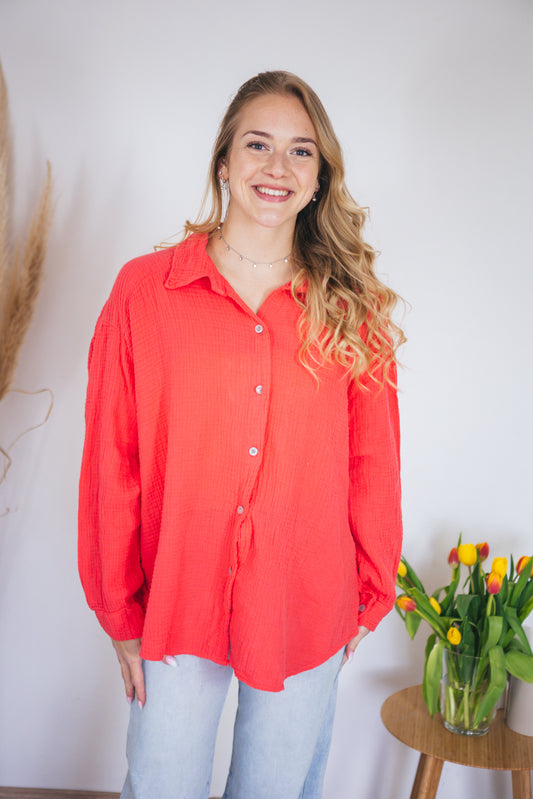 Musselinbluse oversized Neonkoralle