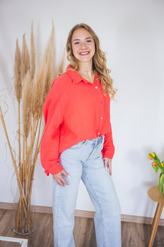 Musselinbluse oversized Neonkoralle