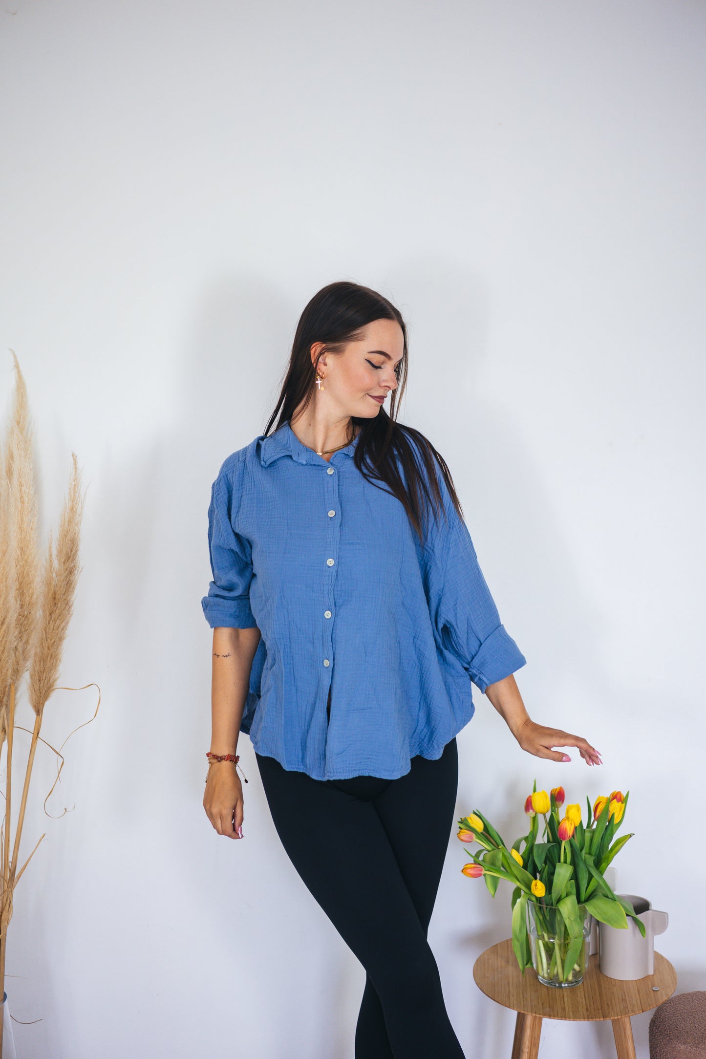 Musselinbluse oversized Jeansblau