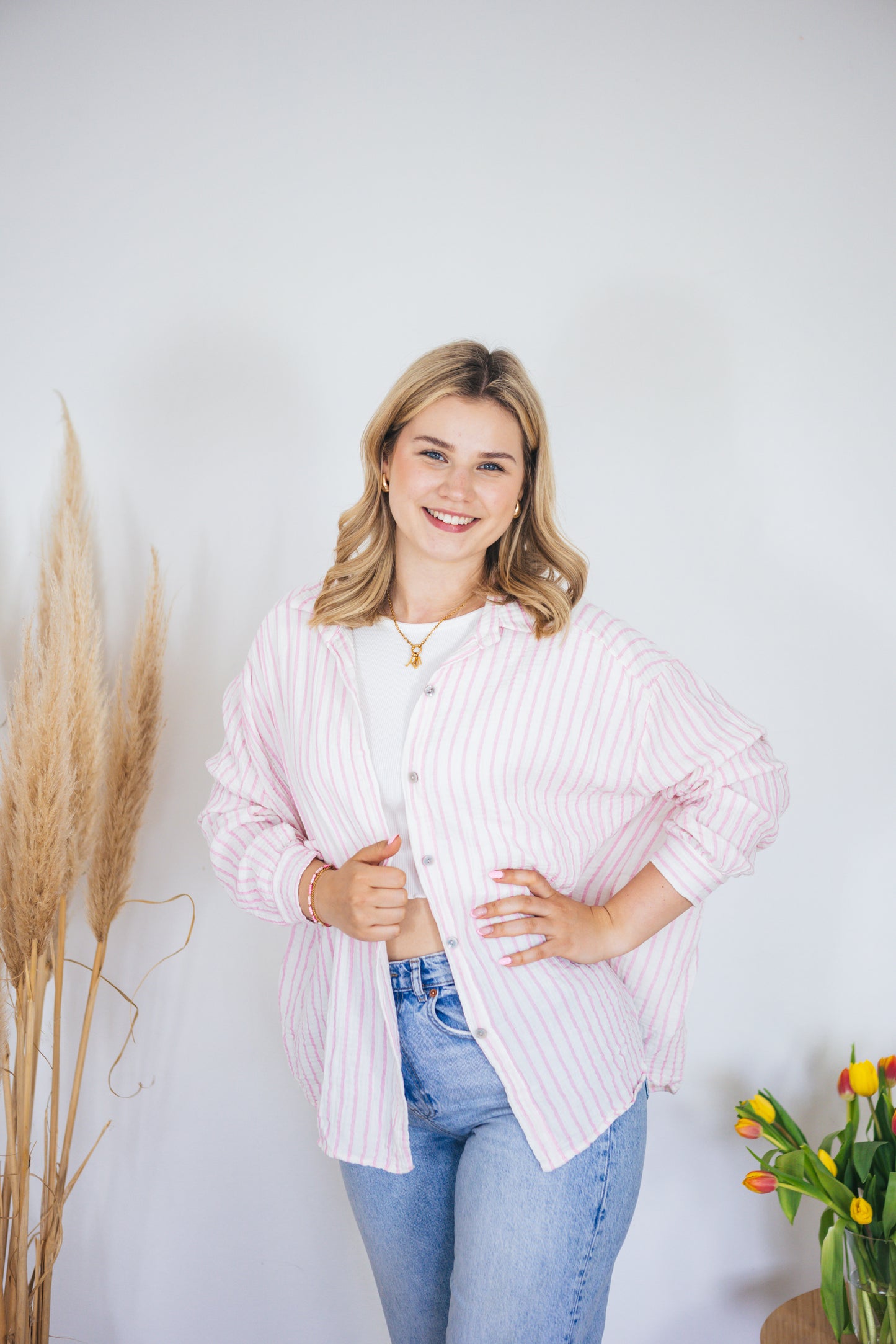 Musselinbluse oversized "Stripes" rosa