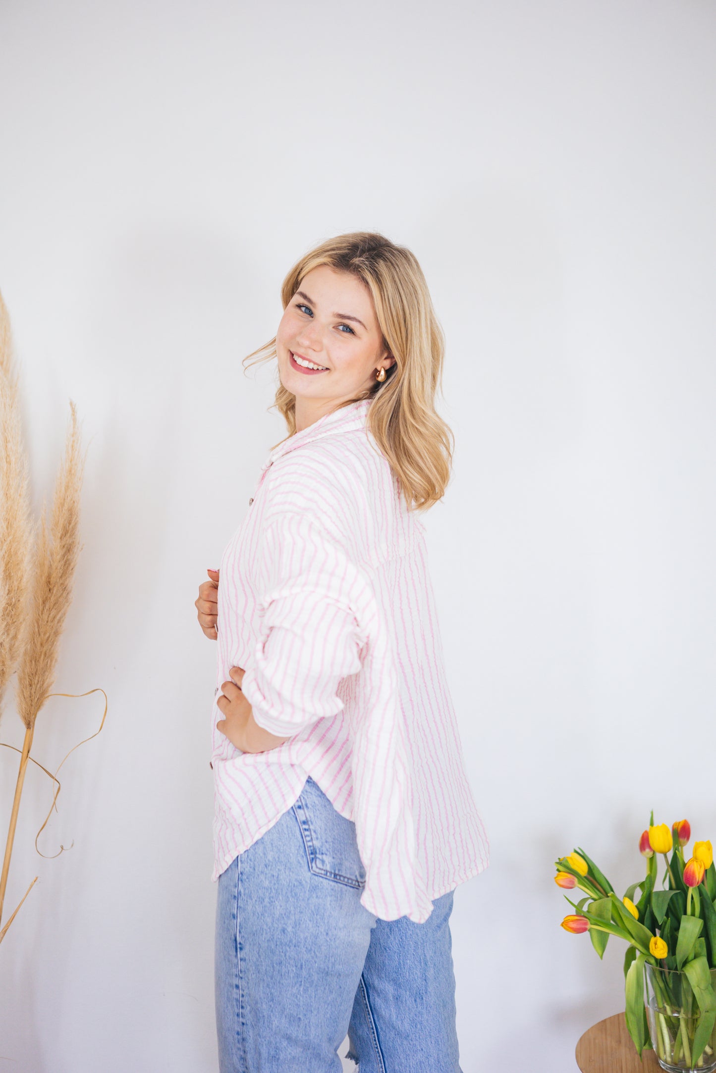 Musselinbluse oversized "Stripes" rosa