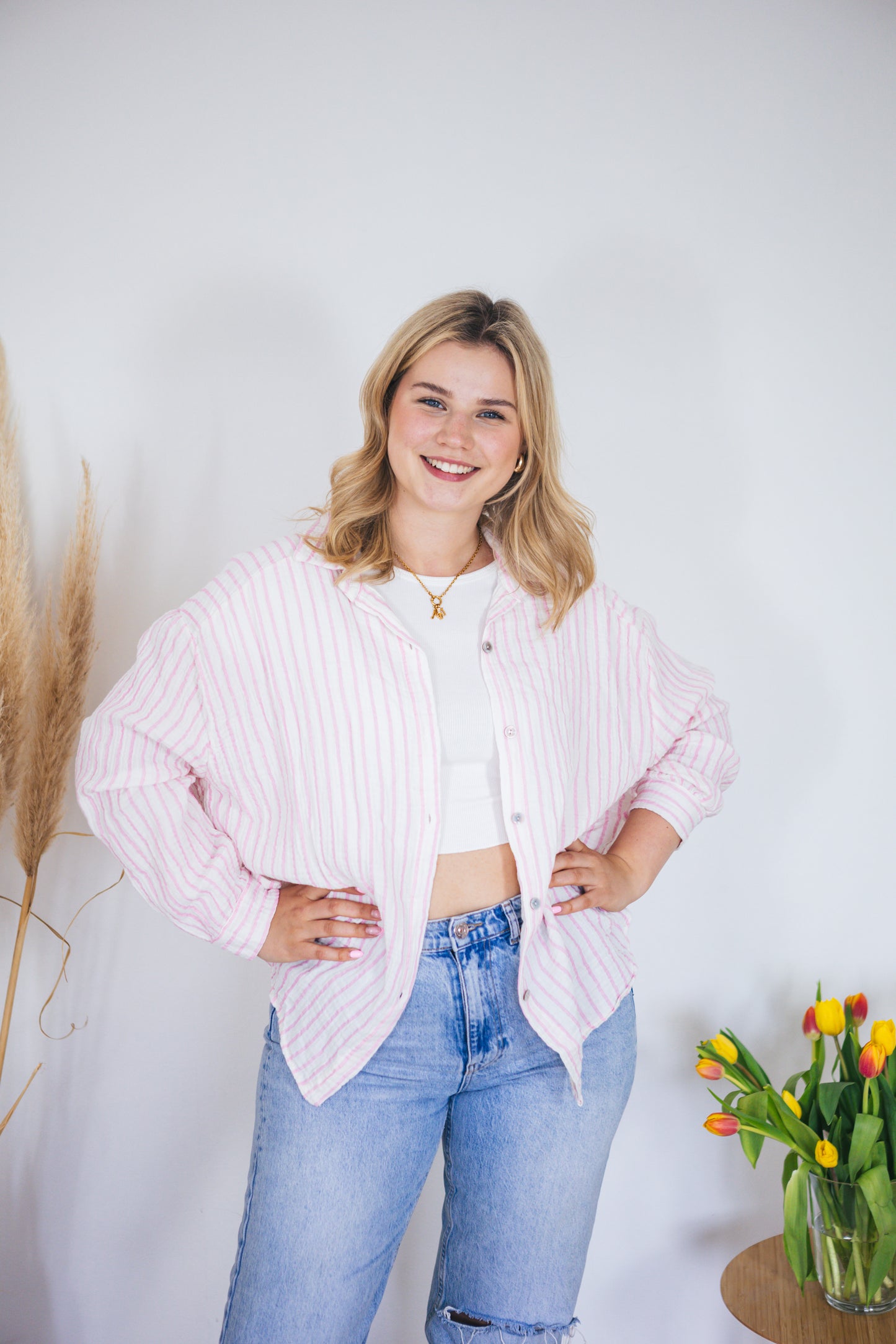 Musselinbluse oversized "Stripes" rosa