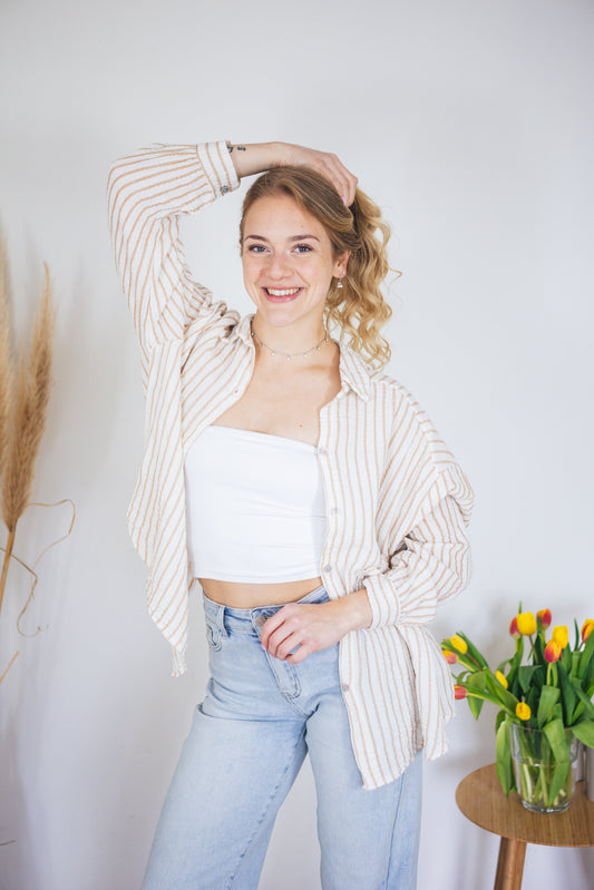 Musselinbluse oversized "Stripes" beige