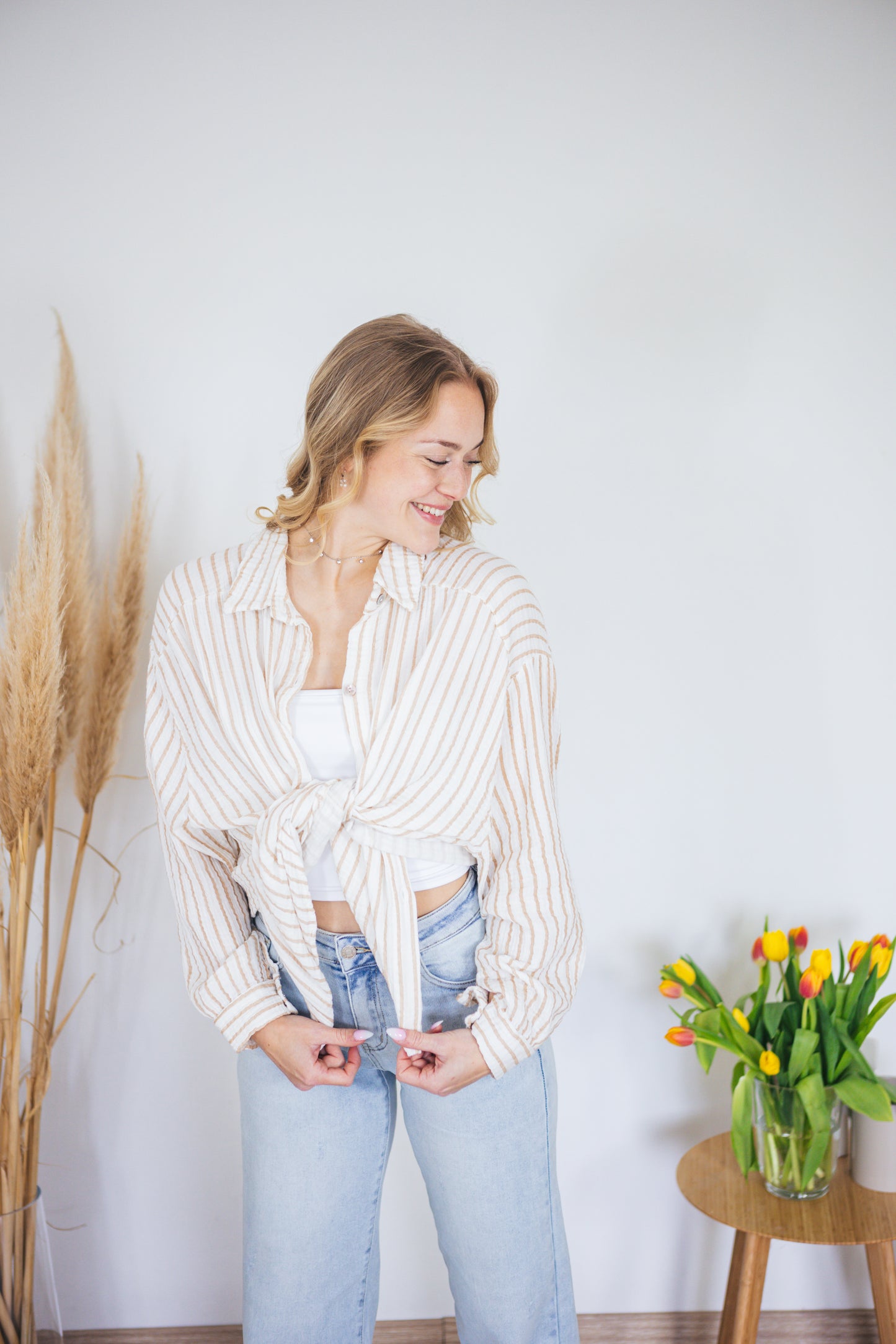 Musselinbluse oversized "Stripes" beige