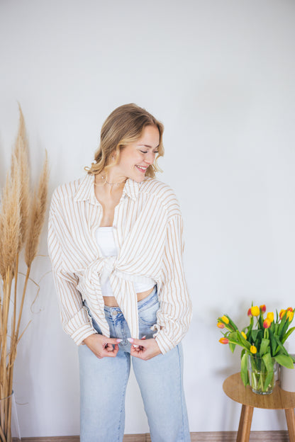 Musselinbluse oversized "Stripes" beige