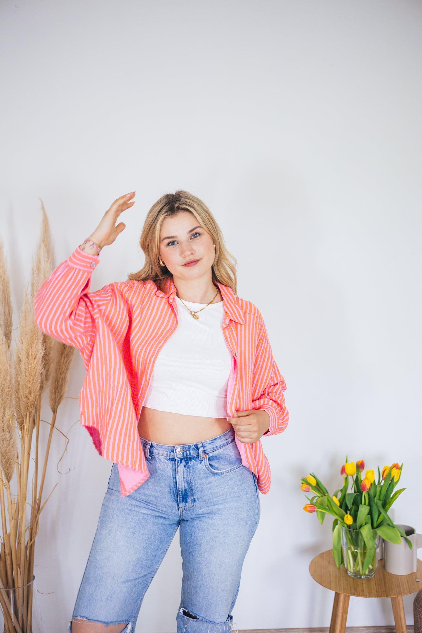 Musselinbluse oversized "Neon Stripes" koralle