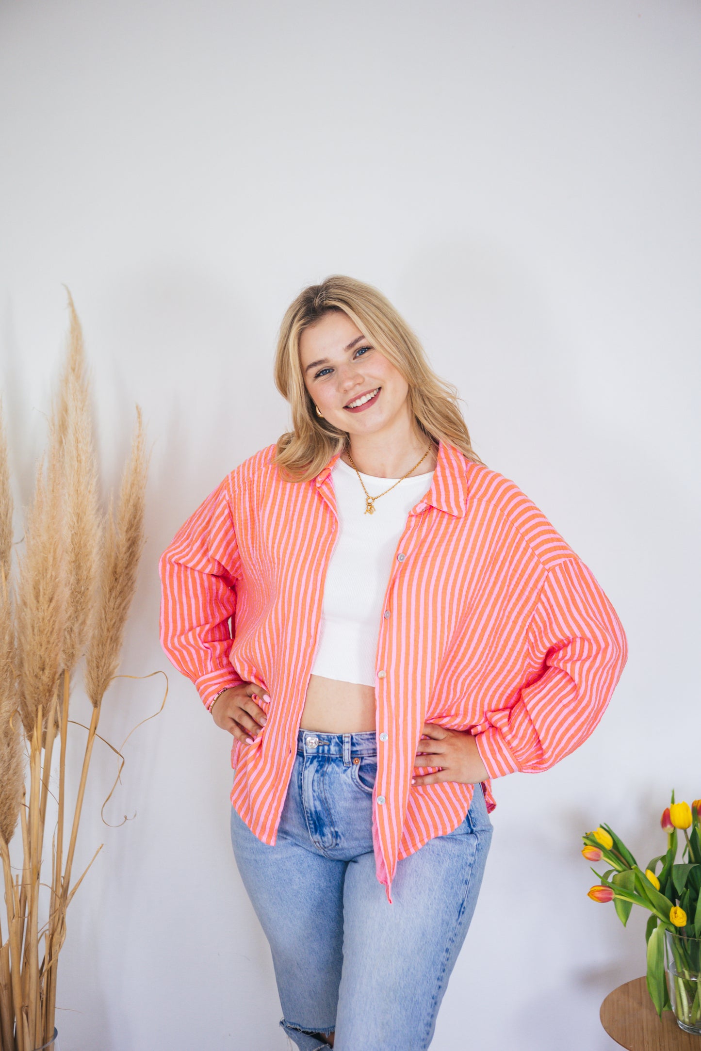 Musselinbluse oversized "Neon Stripes" koralle